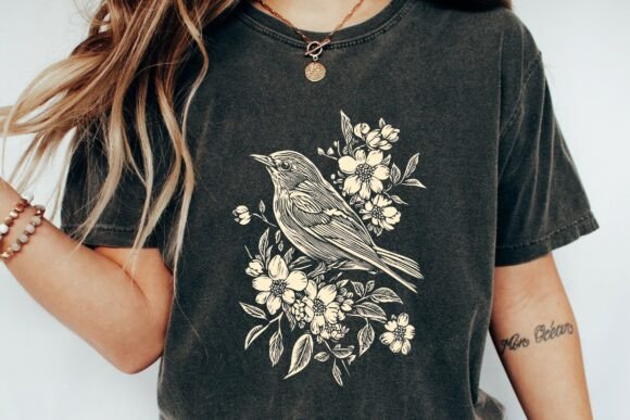 Download Linocut Songbird Floral Sketch Png - Png Collection